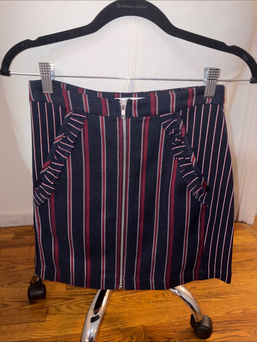 BCBGeneration Navy, Burgundy, and White Striped Mini Skirt